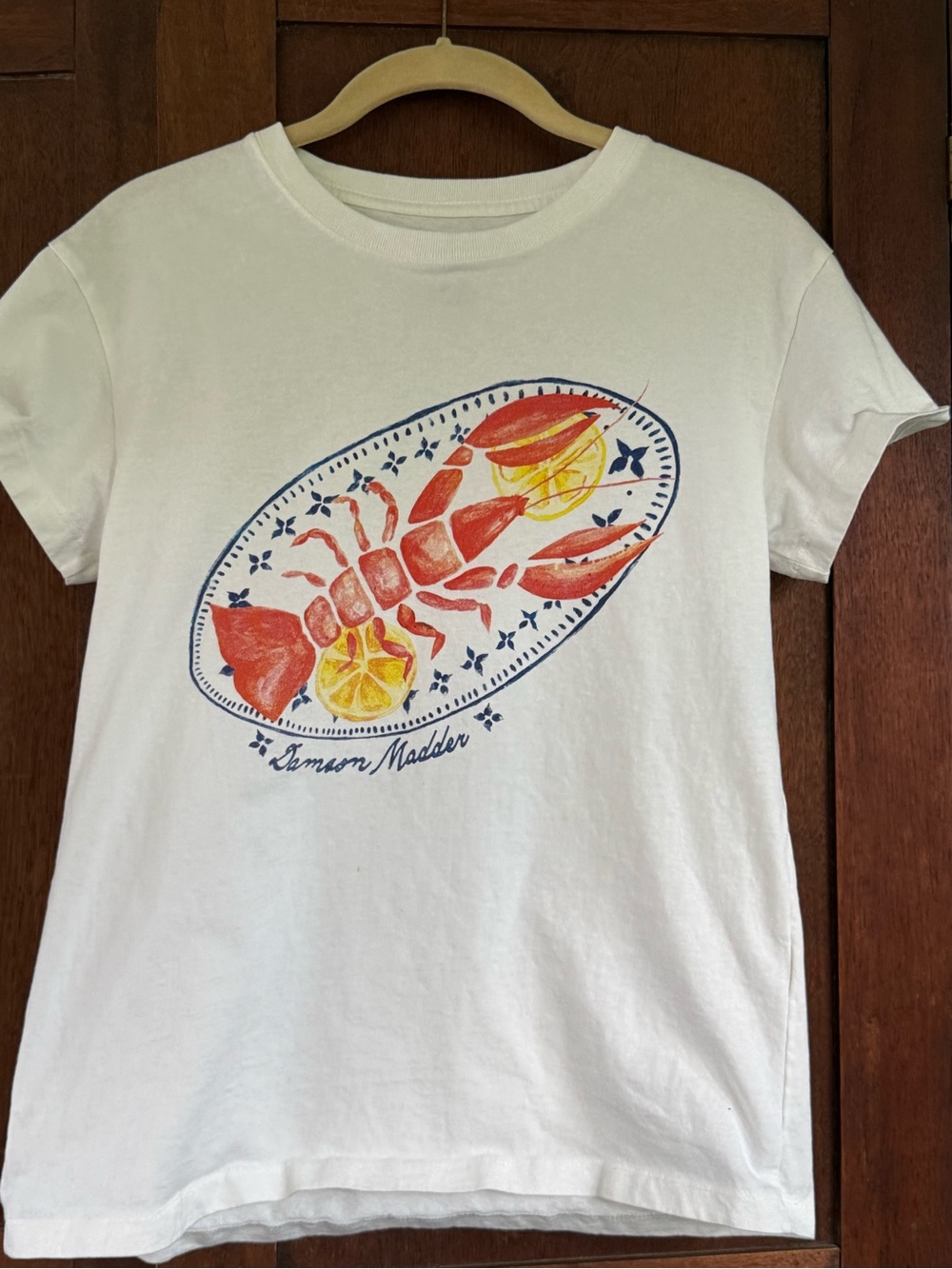 White Womens Damson Madder Tee with Red Lobster Graphic